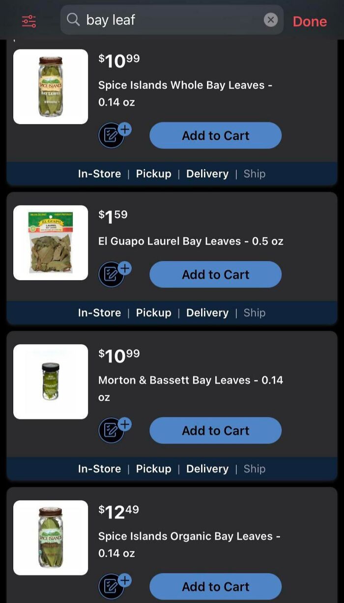 Bay leaf prices on a grocery app, showing options for in-store, pickup, delivery, and shipping.