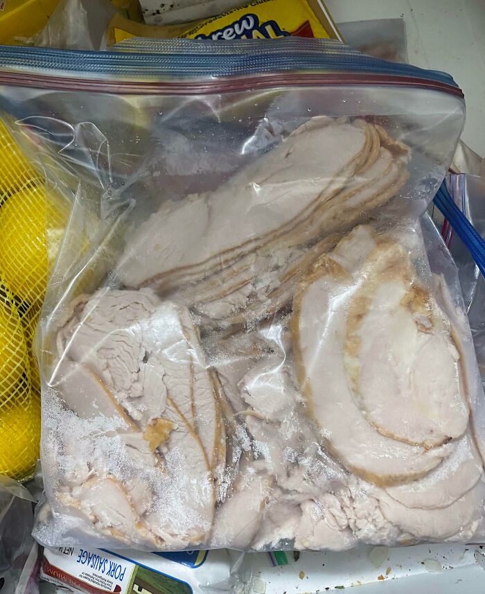 Frozen turkey slices in a resealable bag, an example of grocery-shopping-hacks for meal prep and storage.