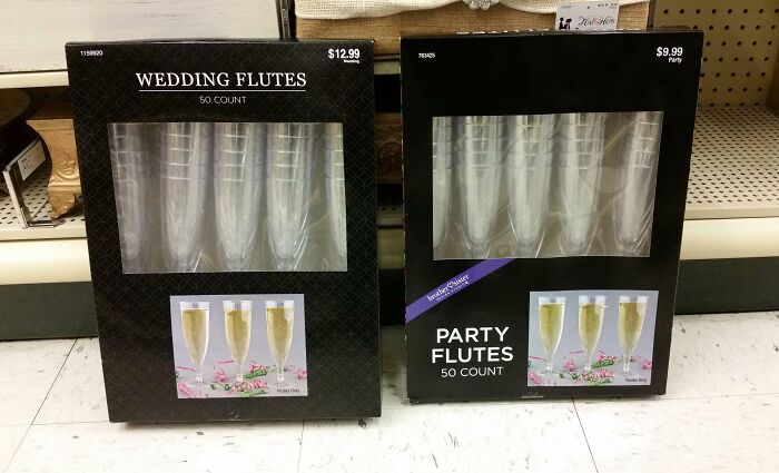 Two boxes of plastic flutes for weddings and parties, showcasing a price difference, related to grocery-shopping-hacks.