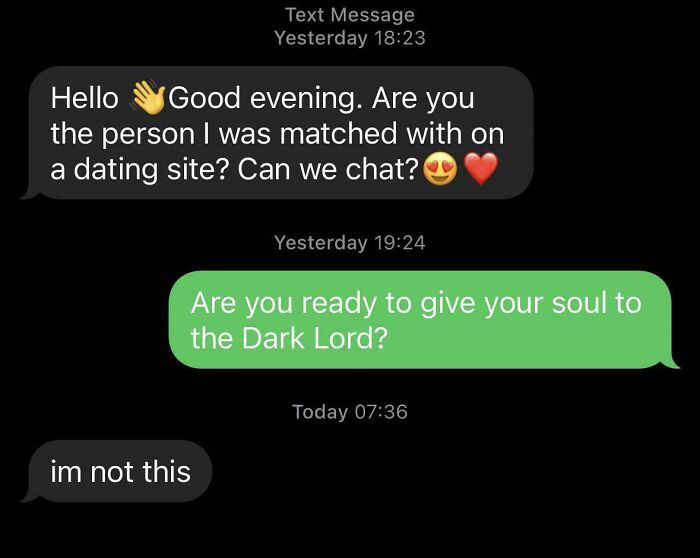 Text conversation showing a funny-scammer-response about giving your soul to the Dark Lord.