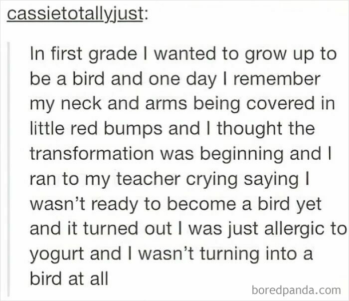 Text post about a kid believing they were turning into a bird due to an allergic reaction, showcasing dumb-clueless-kids humor.