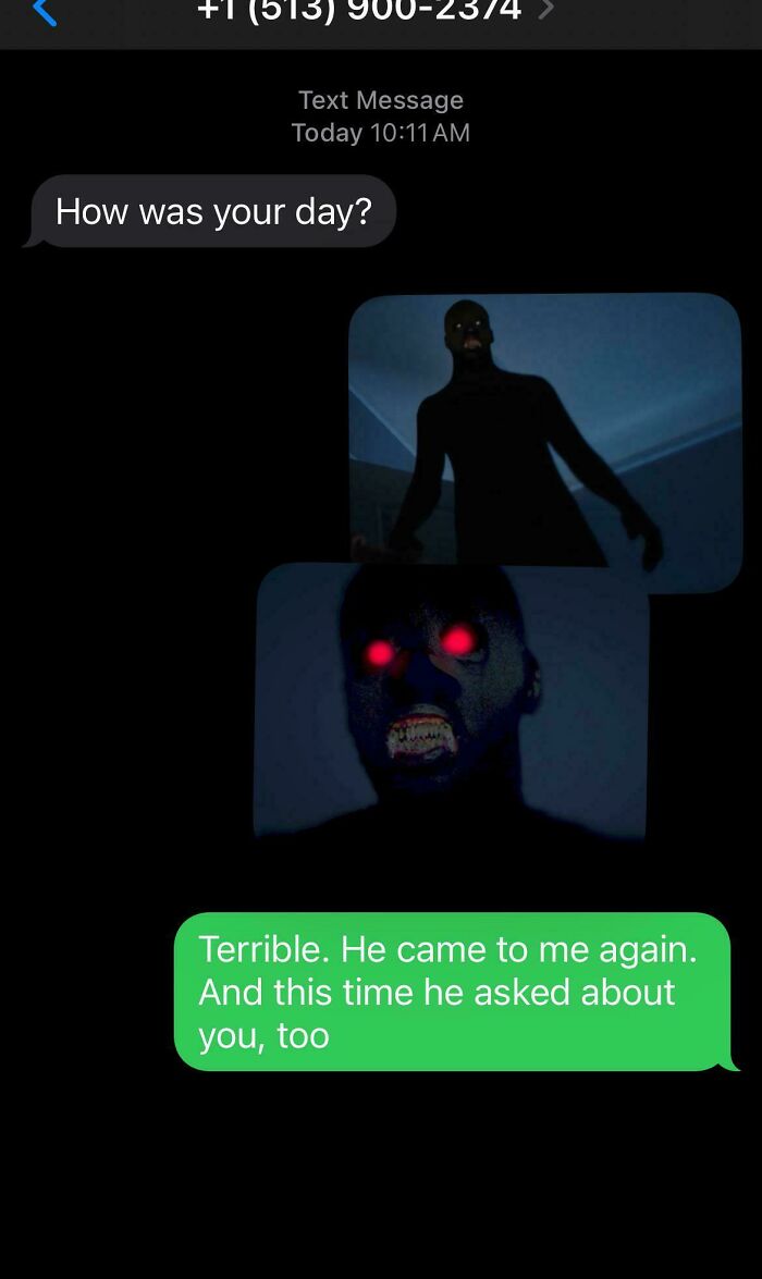 Humorous text exchange with eerie images, showcasing funny-scammer-responses.