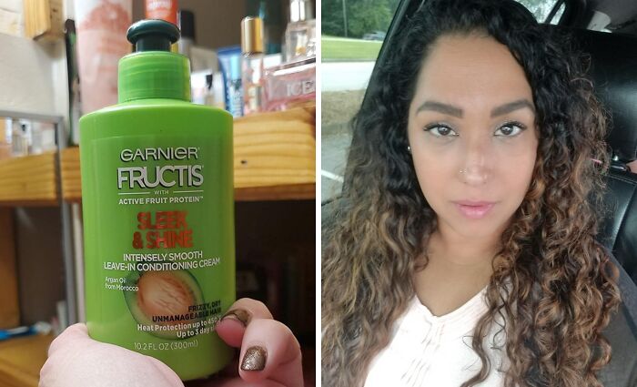 Green bottle of Garnier Fructis leave-in conditioning cream held in hand next to a woman with smooth curly hair showing hair care results.