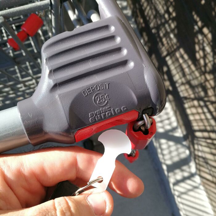Hand using a key to unlock a shopping cart, a clever grocery shopping hack.