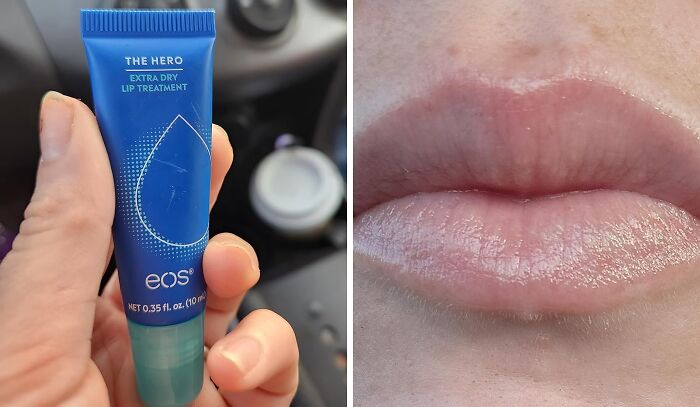 Blue tube of extra dry lip treatment held in hand next to close-up of smooth lips, affordable items under 5 dollars concept.
