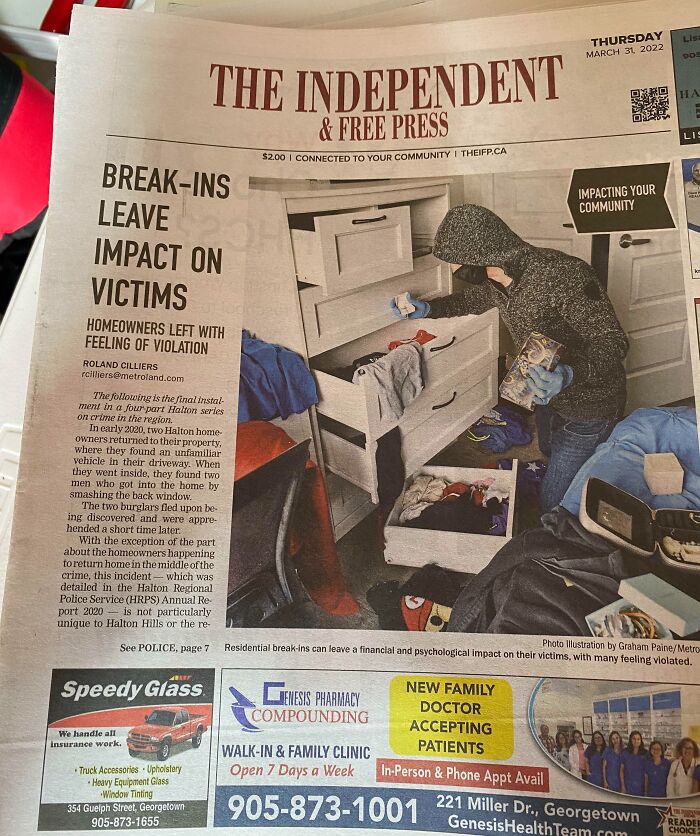 A newspaper front page with a headline about break-ins affecting homeowners.