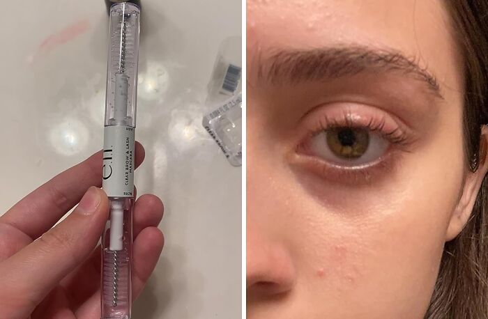 Clear eyebrow and lash grooming tool held in hand next to close-up of natural eyebrow, highlighting affordable beauty finds under $5.