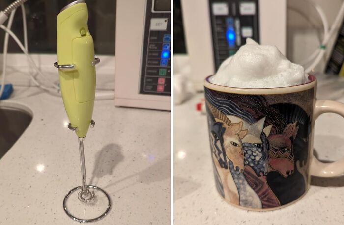 Handheld milk frother and a coffee mug with foam, illustrating save that coin budget finds under 5 dollars in kitchen gadgets.