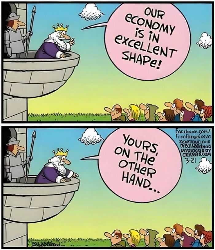 Cartoon of a king boasting about his economy, highlighting issues of capitalism in America.