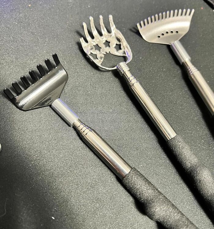Metal back scratchers with different head shapes, highlighting affordable items under 5 dollars.