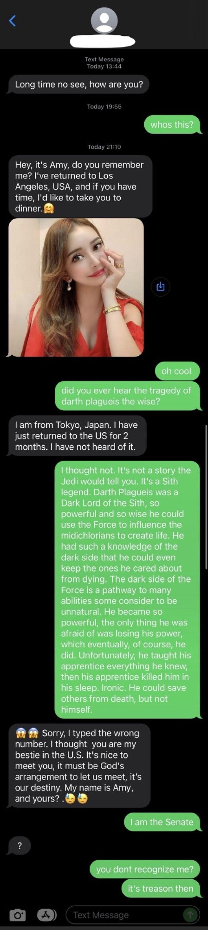 Funny-scammer-responses with humorous text reply about Darth Plagueis in a chat conversation with a scammer.
