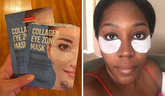 Collagen eye zone masks under $5 shown in packaging and applied on a woman's face for skin care.