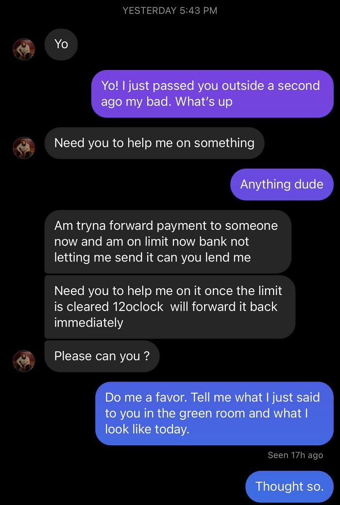 Text conversation showcasing funny scammer responses about a payment issue, with a skeptical reply.