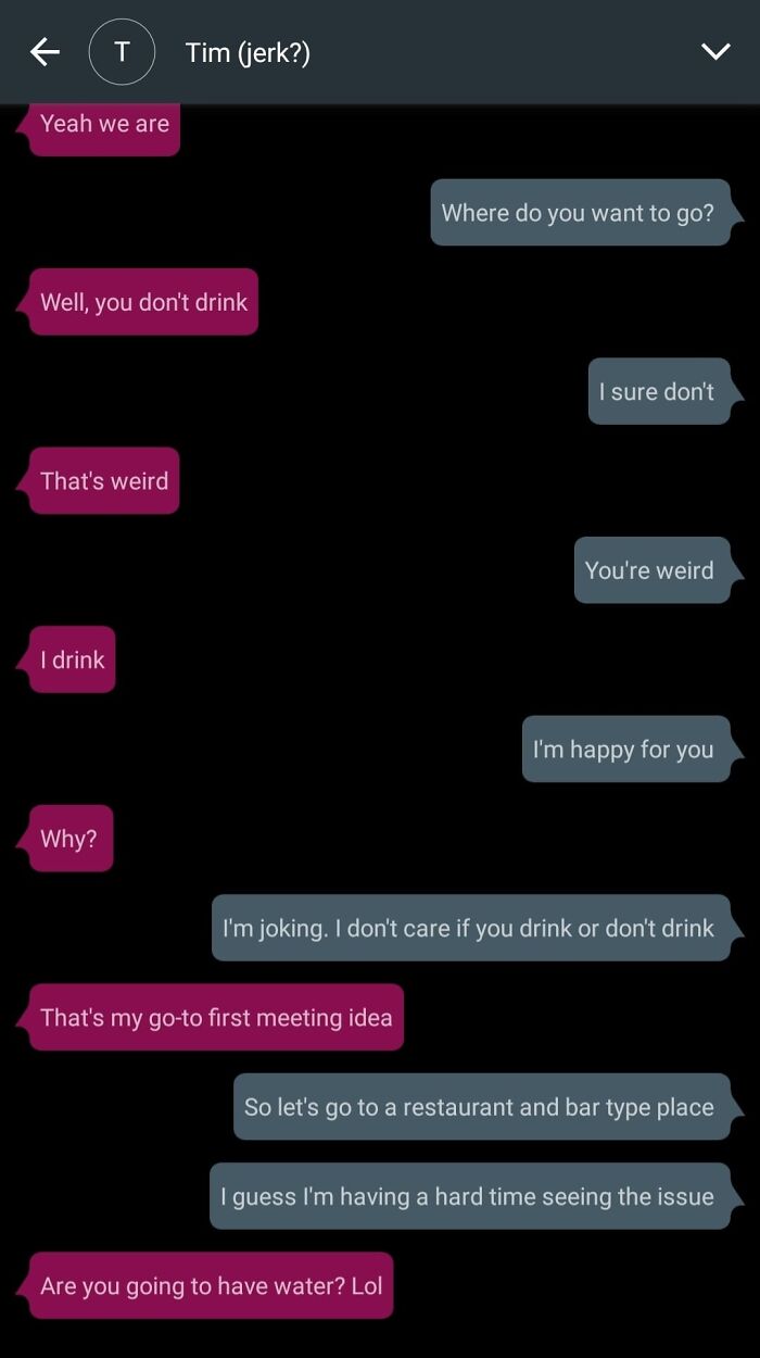 Awkward text conversation about drinking preferences, with confusion over going out plans.