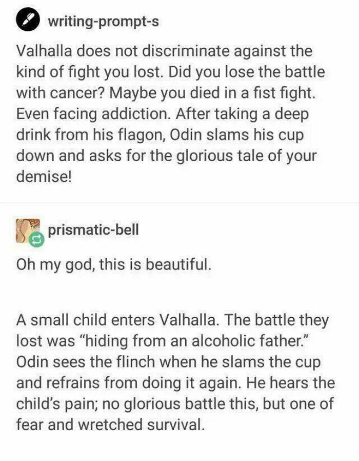 Text exchange about Valhalla and lost battles, highlighting a child's survival struggle.