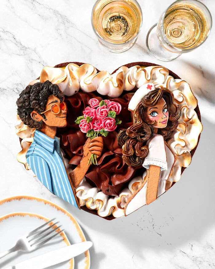 Heart-shaped cake with detailed character decorations, chocolate and meringue, capturing incredible bakes with artistic flair.