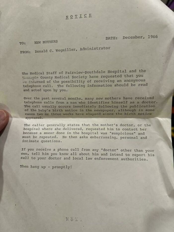 A typed notice from 1966 warning new mothers about creepy calls, potentially involving the hair of kids they babysit.