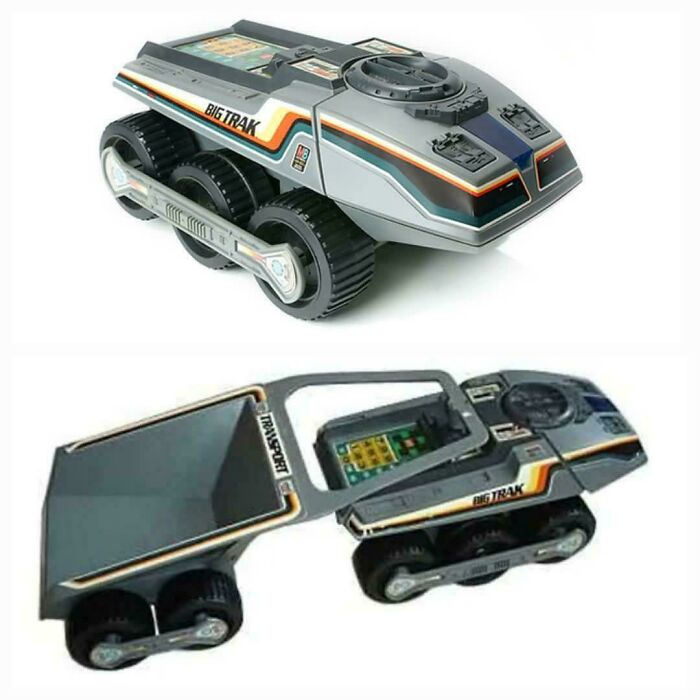 Big Trak toy from the past, showcasing retro design, featuring a six-wheeled programmable vehicle and a detachable trailer.