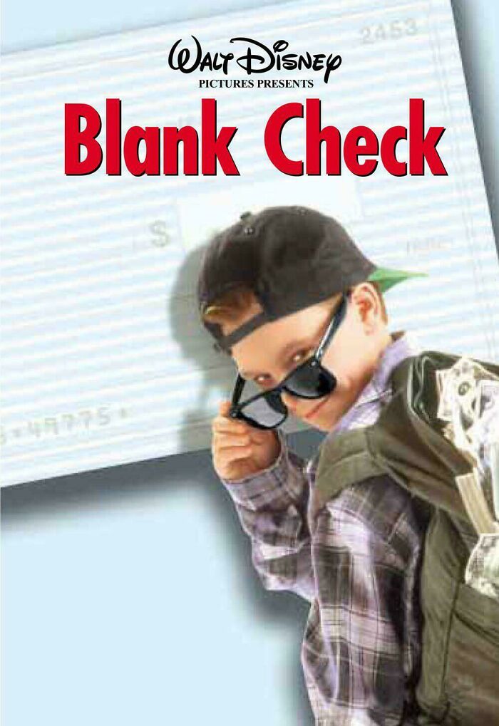 '90s movie poster of "Blank Check" with a boy in sunglasses and a cap, holding a large check in the background.