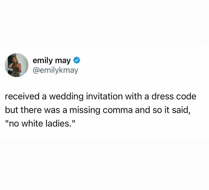 Tweet about a wedding invitation with a missing comma causing a funny dress code misunderstanding in really dumb tweets.