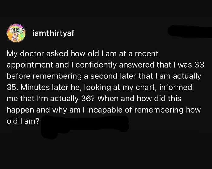 Screenshot of a really dumb tweet about forgetting one’s age and confusion with a doctor during an appointment.