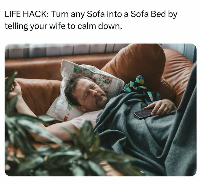 Man sleeping on a sofa turned into a bed with a humorous caption, showcasing a funny and relatable meme for men.