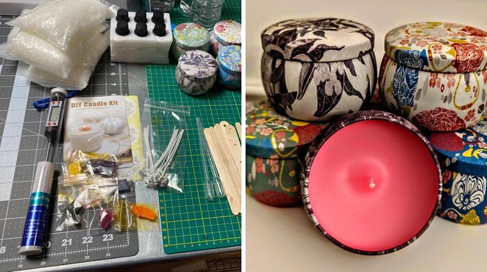 DIY candle making supplies and colorful finished candles, perfect for creative date night ideas that actually slap.