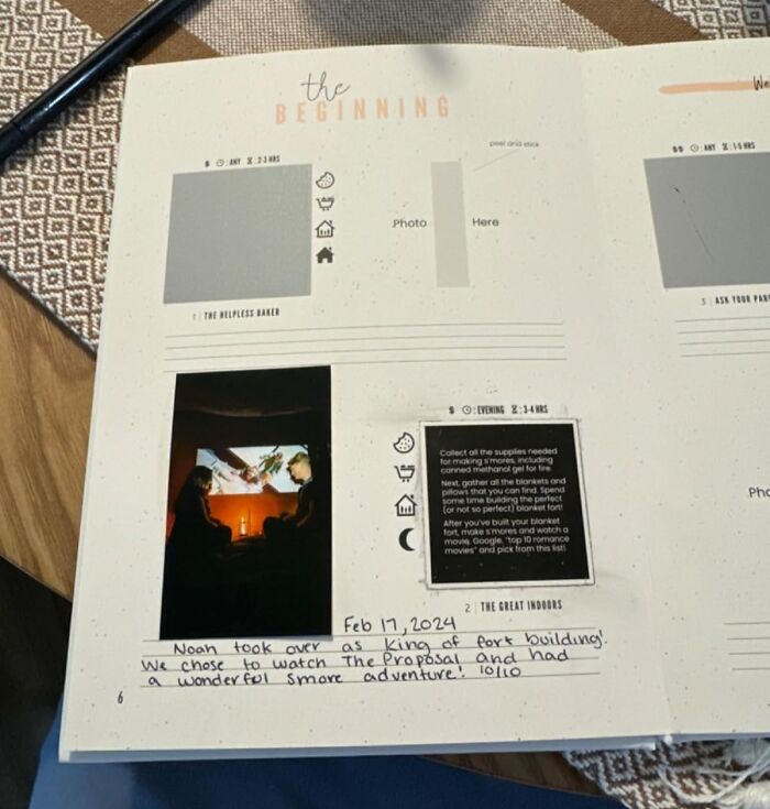 Photo of a scrapbook page with a cozy indoor date night idea featuring s’mores and movie watching.