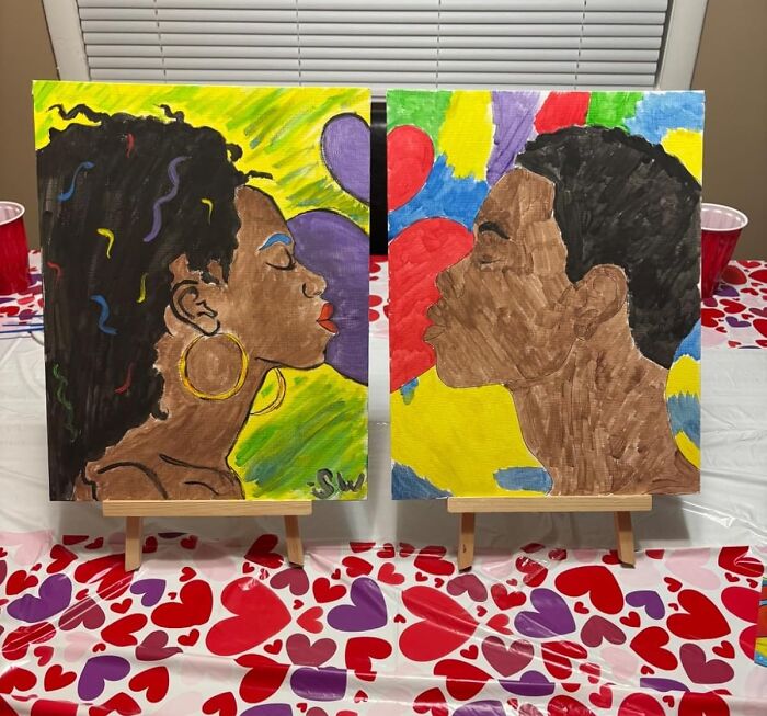 Colorful paintings of a couple facing each other with heart-filled backgrounds, perfect for creative date night ideas.