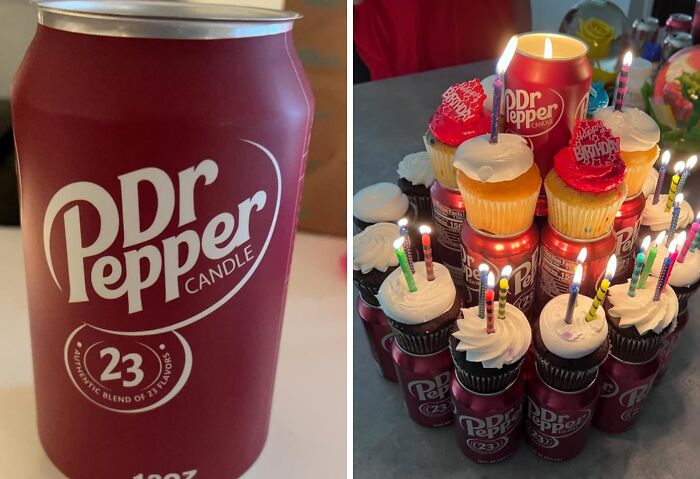 Dr Pepper candle and a creative cupcake display on soda cans, showcasing weird things you need in your life.