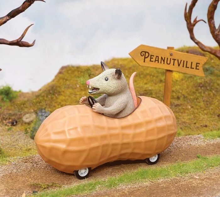 Weird things: a toy rat driving a peanut-shaped car near a sign for Peanutville.
