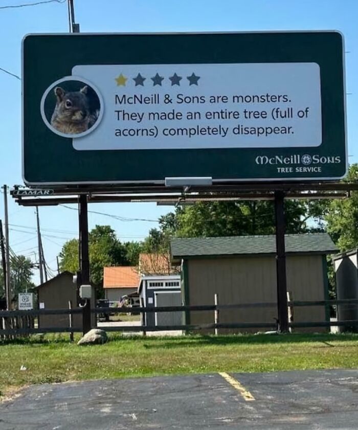 Funny signs with a squirrel review on a billboard, critiquing tree service company humorously.