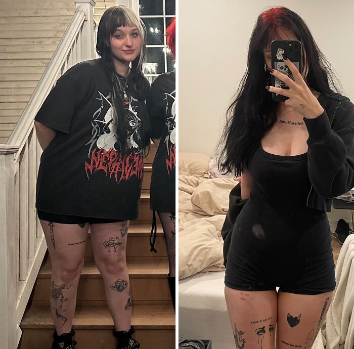 Before and after weight-loss transformation showing a woman's progress in two side-by-side images.