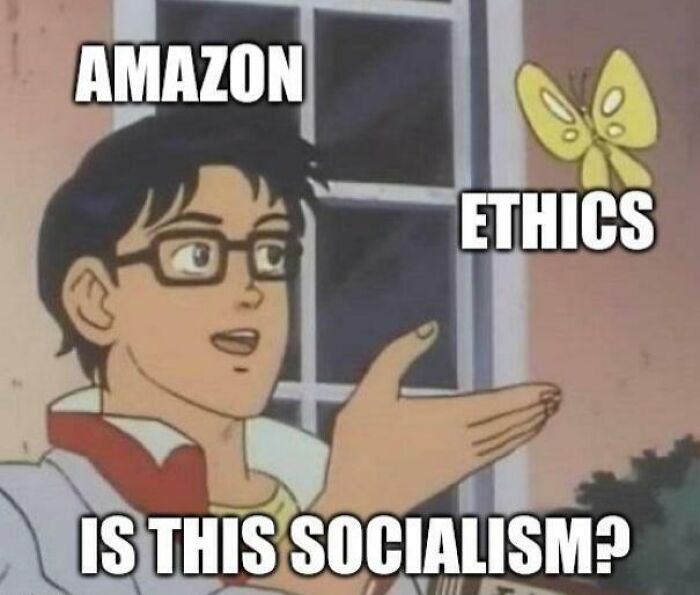 Meme with a character questioning Amazon's ethics. Keywords: consumerism, ironic, sad.