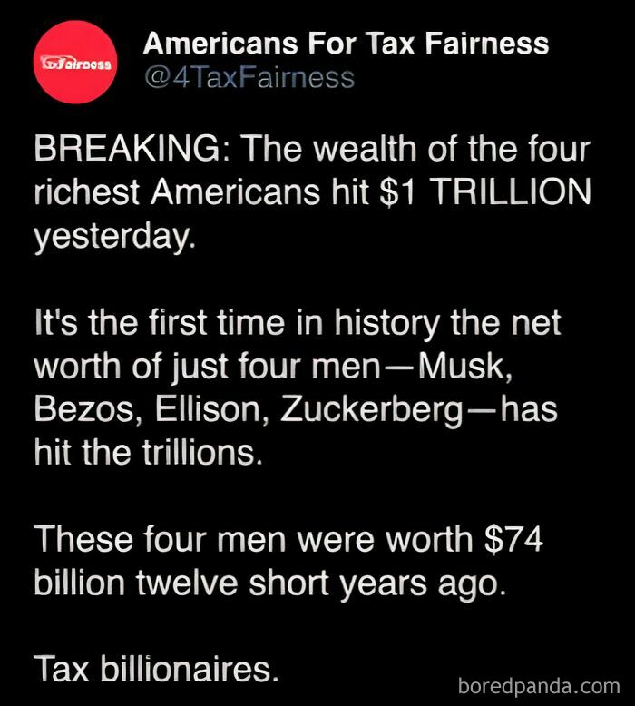Tweet about wealth of four U.S. billionaires hitting $1 trillion, highlighting consumerism irony.