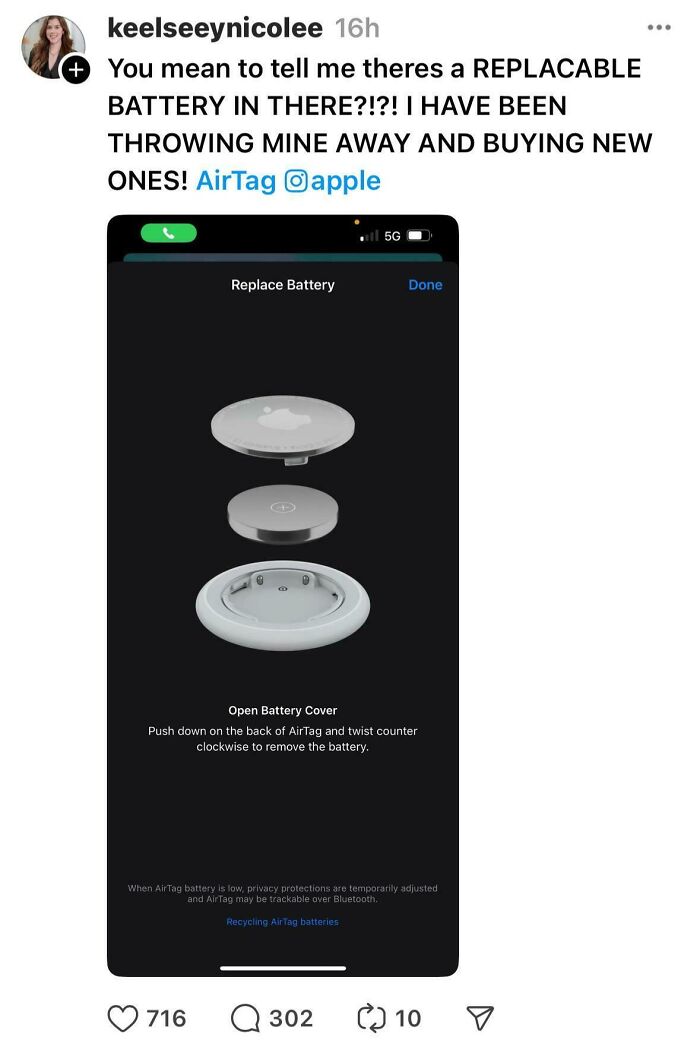 Apple AirTag battery replacement tutorial highlights irony in consumerism habits.