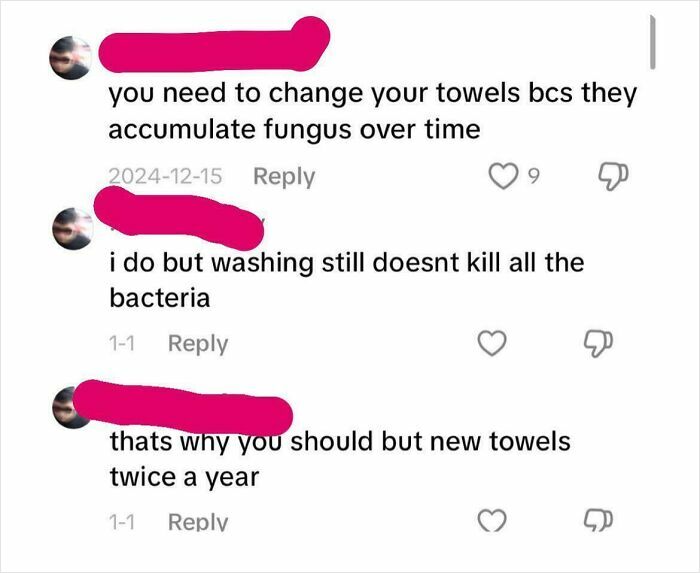 A conversation about replacing towels, with ironic comments on consumerism.