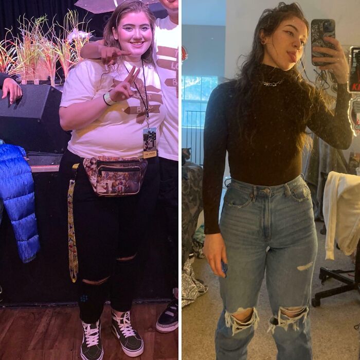 Before and after weight-loss transformation showing a woman in casual outfits with noticeable change in appearance.