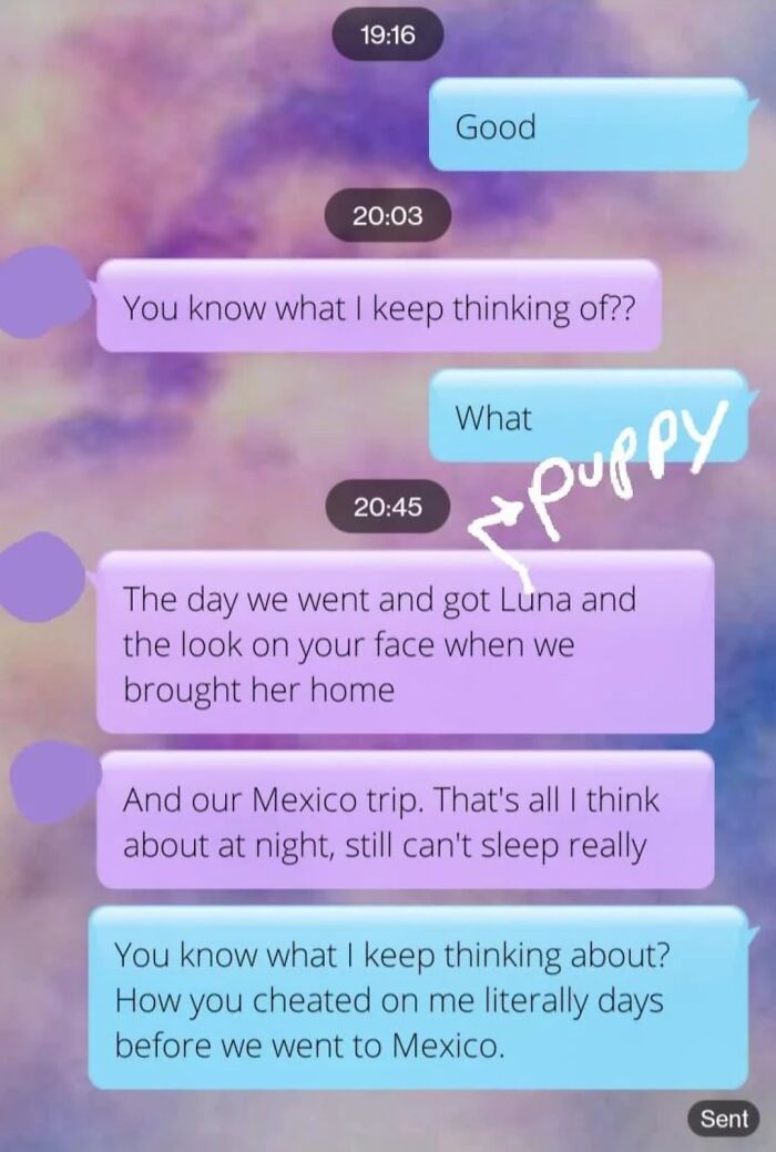 Confusing texts discussing memories, trips, and infidelity reveal relationship tension.