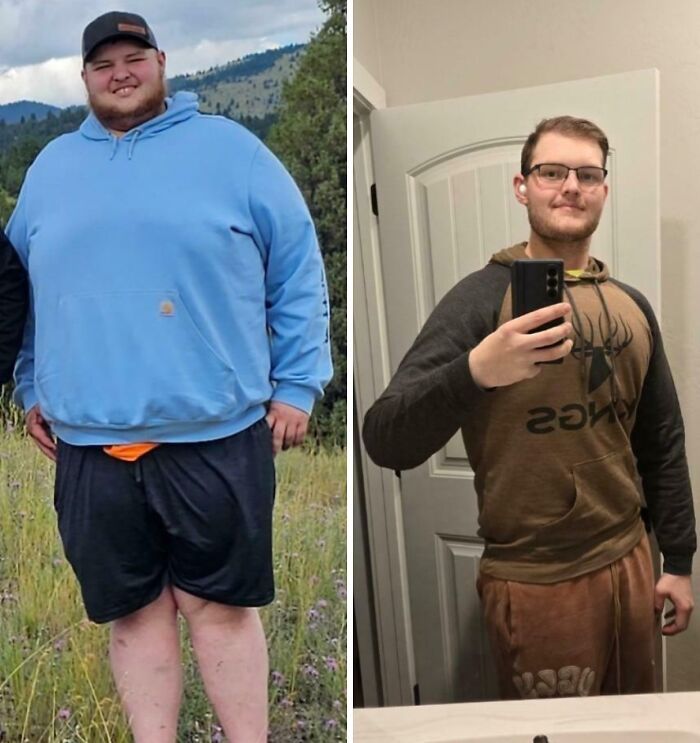 Weight-loss transformation before and after showing significant change in appearance and health.