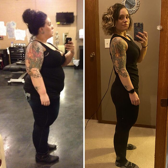 Weight-loss transformation showcasing a tattooed woman in black clothing before and after her fitness journey.