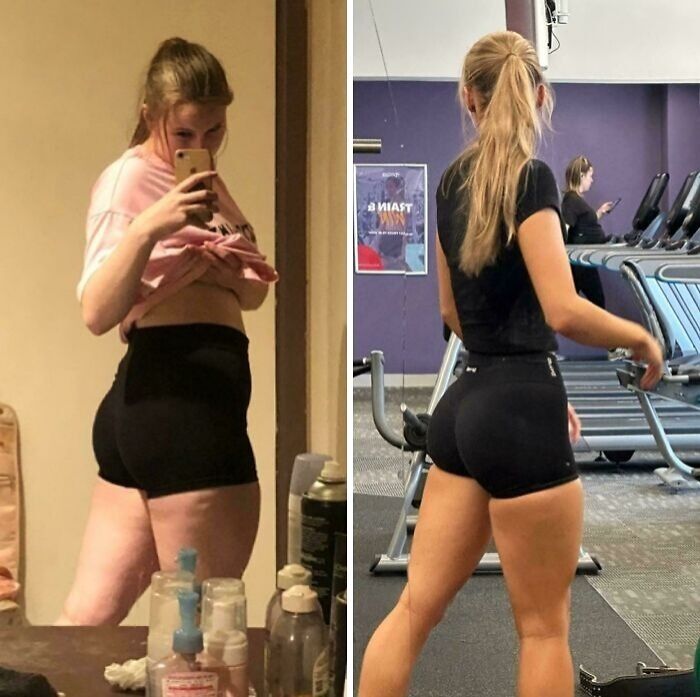 "Weight-loss transformation with side-by-side photos, showing progress in fitness and physique in different settings."