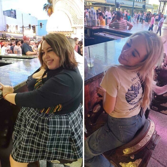 Before and after weight loss transformation, showing a person smiling at a bar in both images.