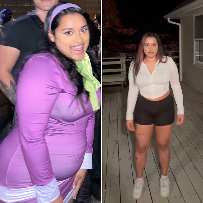 Before and after weight-loss transformation of a woman in different outfits, showcasing her journey on a wooden deck.