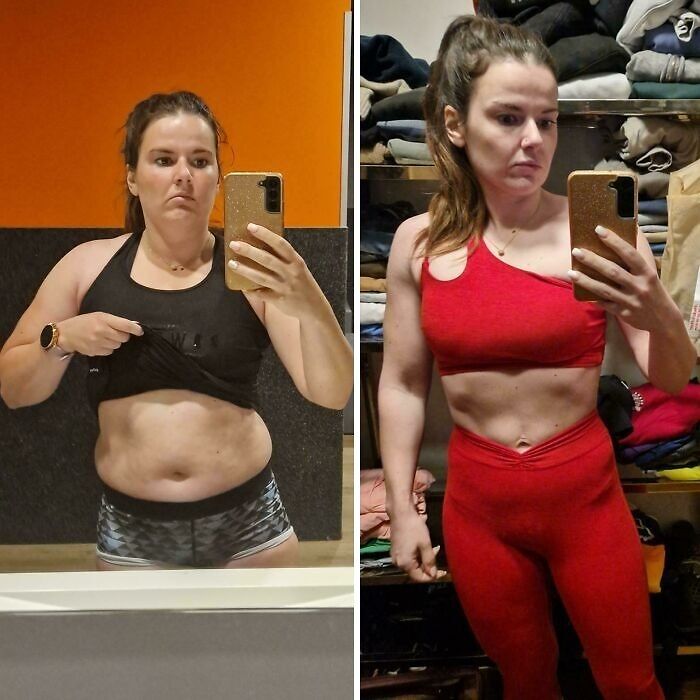 Before and after weight-loss transformation of a woman taking mirror selfies in gym attire.