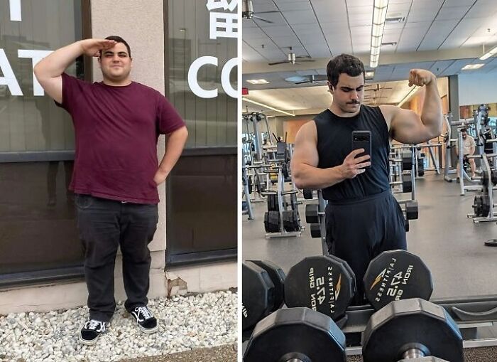 Weight-Loss Before-After Transformation: A person saluting in casual wear, then flexing muscles in gym attire.