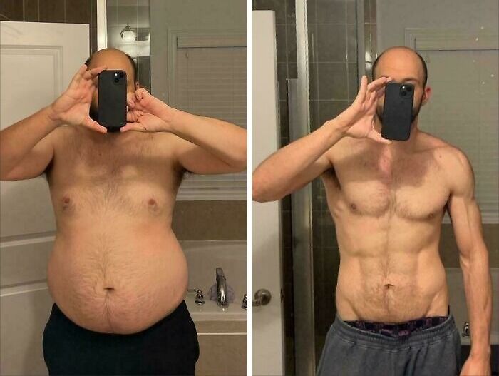 Before and after weight-loss transformation of a man taking mirror selfies.