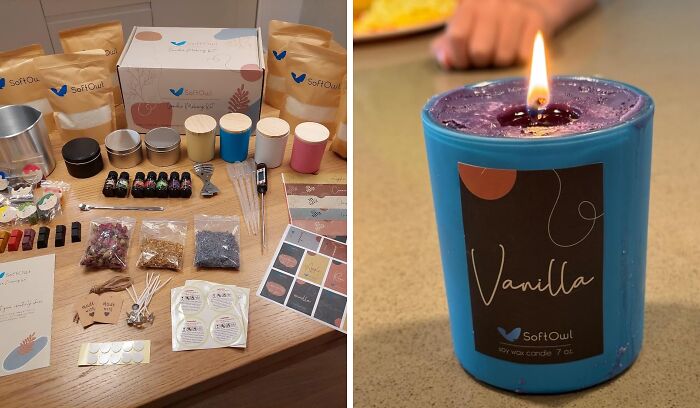 Candle making kit with artistic supplies on display; blue vanilla candle lit on a table.