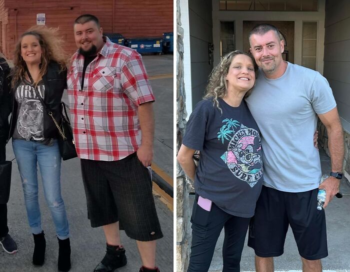 Two people in a weight loss before-and-after transformation, showing significant changes in their appearance and clothing.