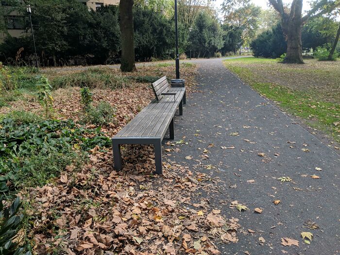 Park bench surrounded by autumn leaves on a city path, illustrating Cities-Genius-Solutions for urban areas.